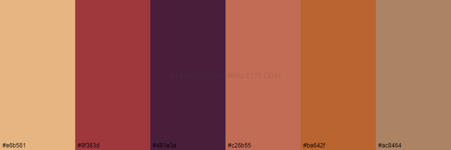 color palette e6b581 9f383d 481e3a c26b55 ba642f ac8464