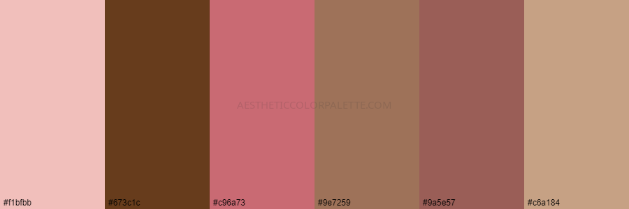 color palette f1bfbb 673c1c c96a73 9e7259 9a5e57 c6a184