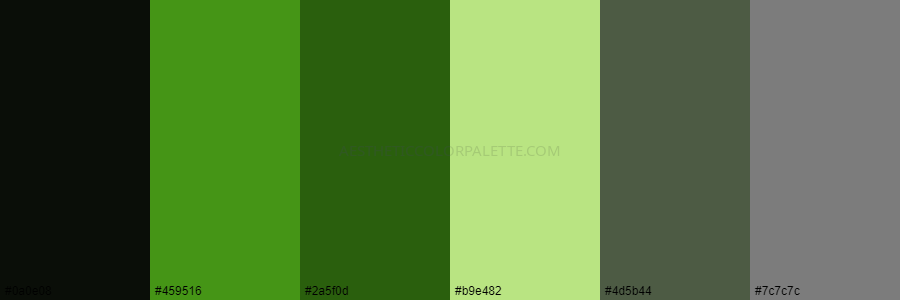 color palette 0a0e08 459516 2a5f0d b9e482 4d5b44 7c7c7c
