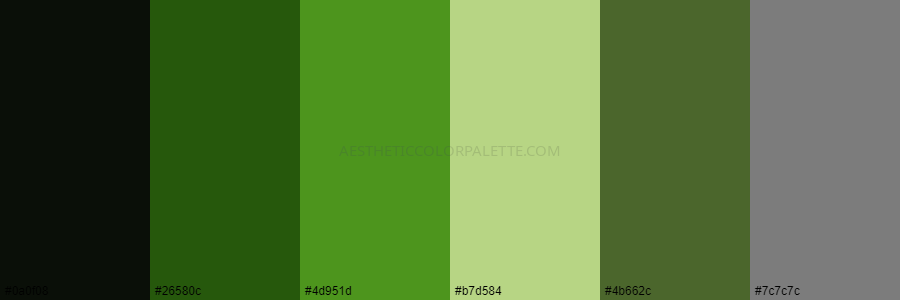 color palette 0a0f08 26580c 4d951d b7d584 4b662c 7c7c7c