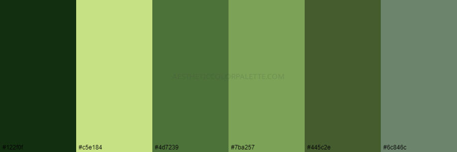 color palette 122f0f c5e184 4d7239 7ba257 445c2e 6c846c