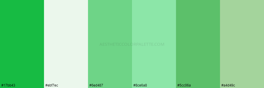 color palette 17bb43 ebf7ec 6ed487 8ce6a8 5cc06a a4d49c