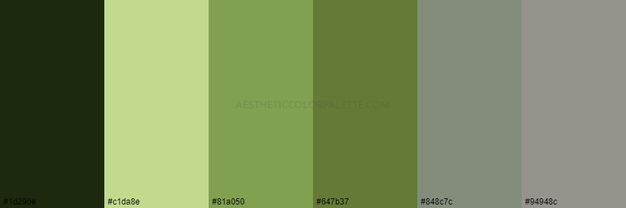 color palette 1d290e c1da8e 81a050 647b37 848c7c 94948c