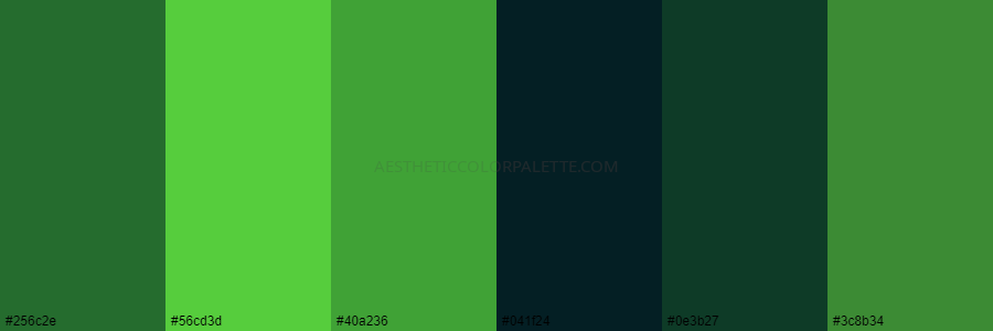 color palette 256c2e 56cd3d 40a236 041f24 0e3b27 3c8b34