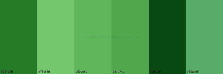 color palette 287a2b 76c66d 60b65b 51a74c 094a0f 58ab65
