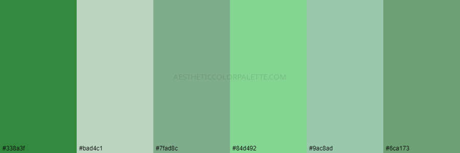 color palette 338a3f bad4c1 7fad8c 84d492 9ac8ad 6ca173