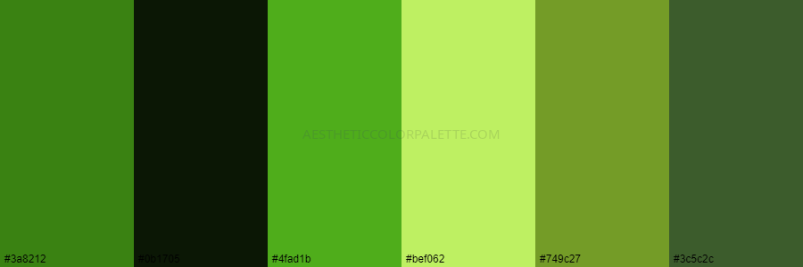 color palette 3a8212 0b1705 4fad1b bef062 749c27 3c5c2c