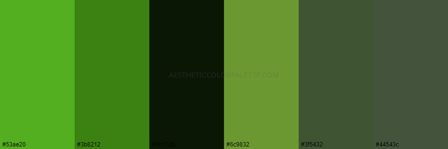color palette 53ae20 3b8212 0b1705 6c9832 3f5432 44543c