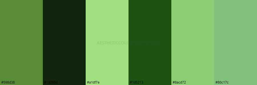 color palette 598d38 13260d a1df7e 1d5213 8acd72 80c17c