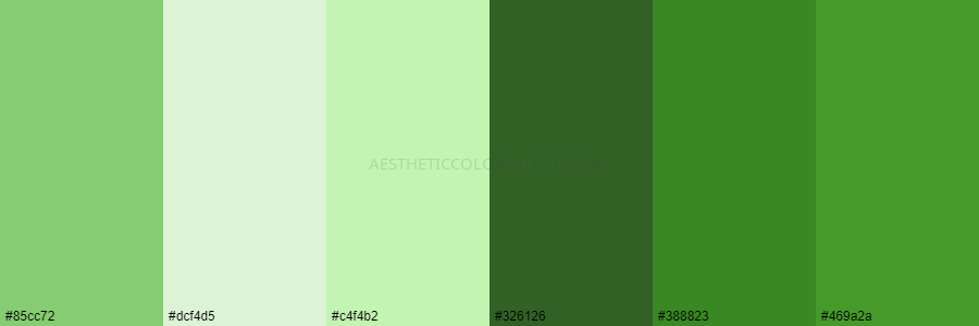 color palette 85cc72 dcf4d5 c4f4b2 326126 388823 469a2a