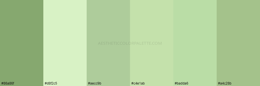 color palette 86a86f d8f2c5 aecc9b c4e1ab badda6 a4c28b