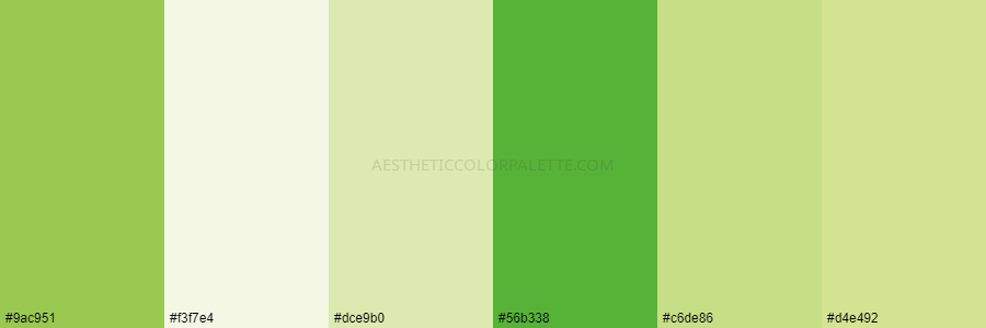 color palette 9ac951 f3f7e4 dce9b0 56b338 c6de86 d4e492