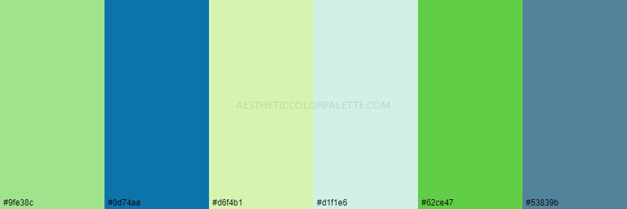 color palette 9fe38c 0d74aa d6f4b1 d1f1e6 62ce47 53839b