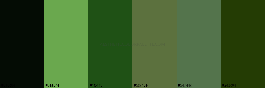 color palette #040c04 #6aa84e #1f5115 #5c713e #54744c #243c04