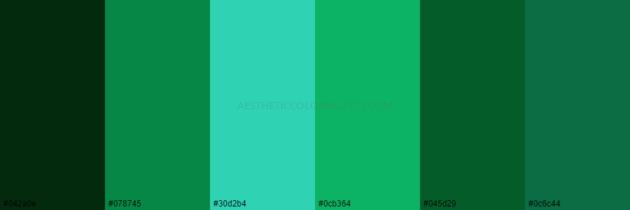 color palette 042a0e 078745 30d2b4 0cb364 045d29 0c6c44
