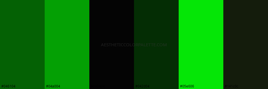 color palette #046104 #04a004 #040404 #042d04 #05e606 #141c0c