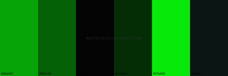 color palette #06a407 #056105 #040404 #042d05 #07e909 #0a1514