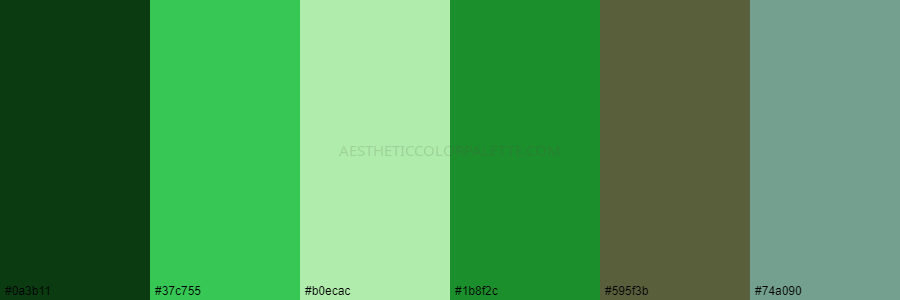 color palette #0a3b11 #37c755 #b0ecac #1b8f2c #595f3b #74a090