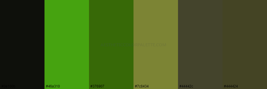 color palette #0e100b #46a310 #376907 #7c8434 #44442c #444424