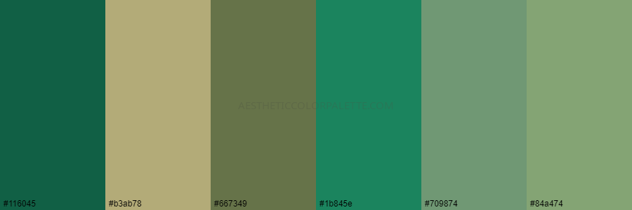color palette 116045 b3ab78 667349 1b845e 709874 84a474