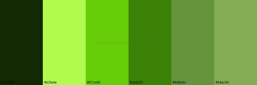 color palette #132905 #b3fa4e #67cd08 #3b8207 #64943c #84ac54