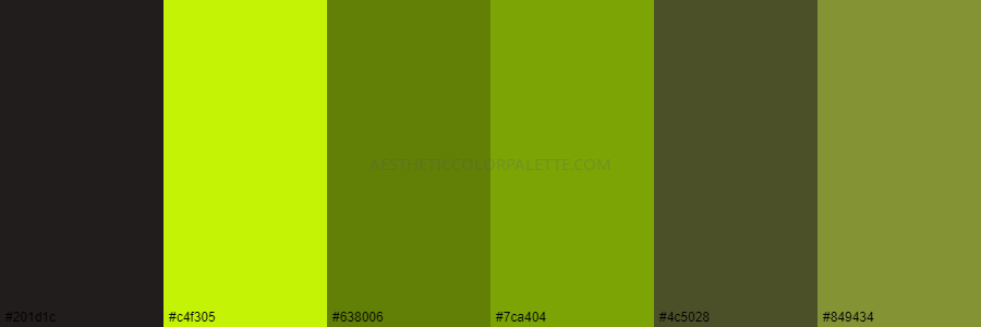 color palette #201d1c #c4f305 #638006 #7ca404 #4c5028 #849434