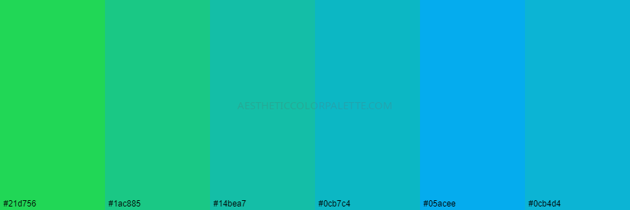 color palette #21d756 #1ac885 #14bea7 #0cb7c4 #05acee #0cb4d4