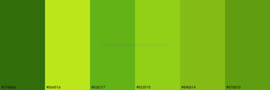 color palette 316e0a bbe61a 63b317 92d018 84bb14 619d10