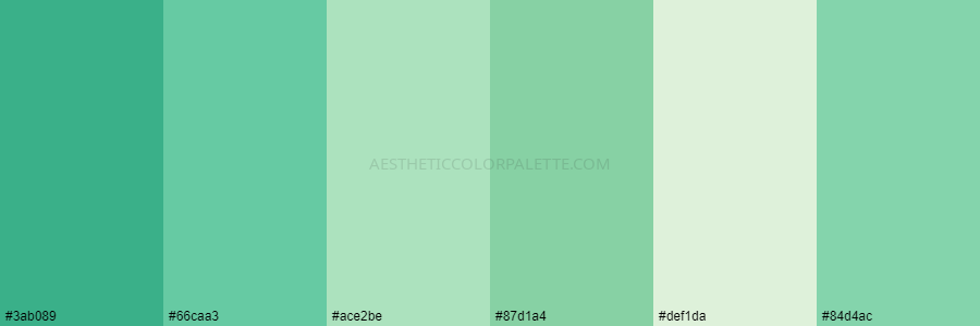 color palette 3ab089 66caa3 ace2be 87d1a4 def1da 84d4ac