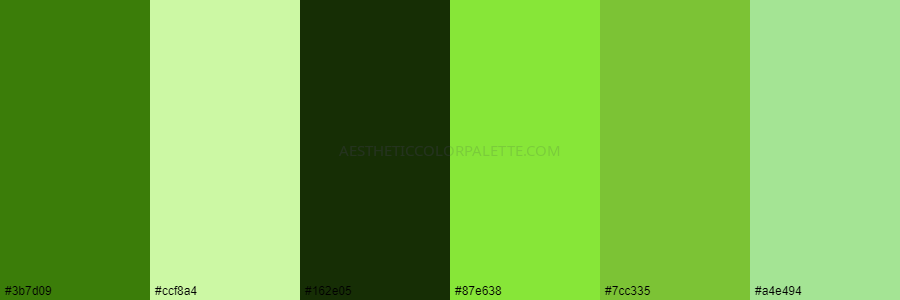 color palette #3b7d09 #ccf8a4 #162e05 #87e638 #7cc335 #a4e494