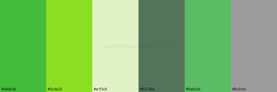 color palette #44bb3b #8cde24 #e1f3c6 #53745a #5abc64 #9c9c9c