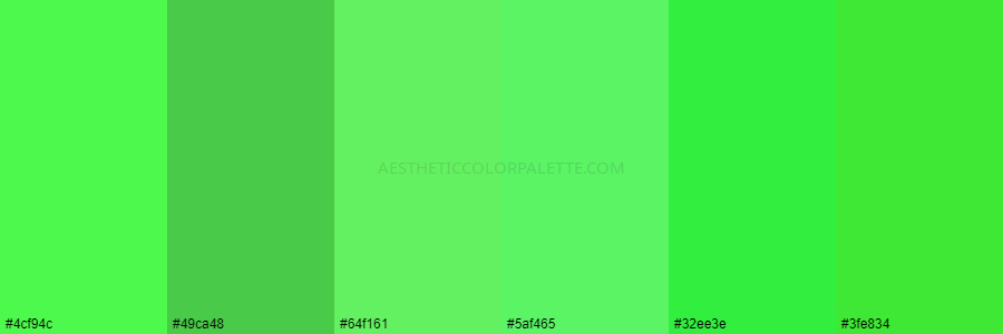 color palette 4cf94c 49ca48 64f161 5af465 32ee3e 3fe834