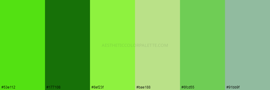 color palette #53e112 #177108 #8ef23f #bae188 #6fcd55 #91bb9f