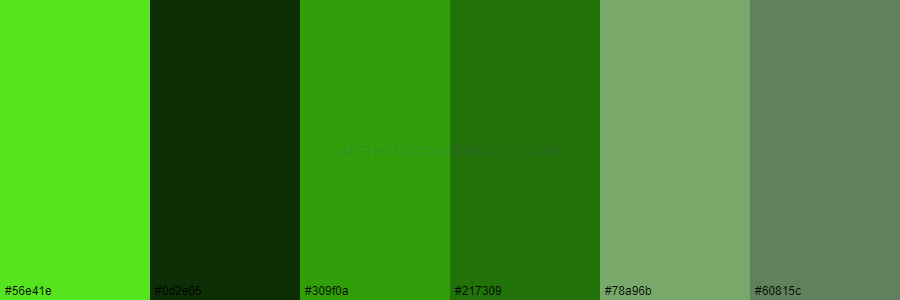 color palette #56e41e #0d2e05 #309f0a #217309 #78a96b #60815c