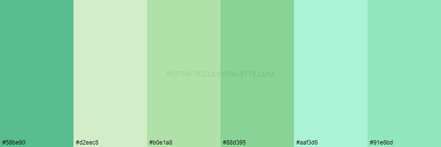 color palette 58be90 d2eec8 b0e1a8 88d395 aaf3d6 91e6bd