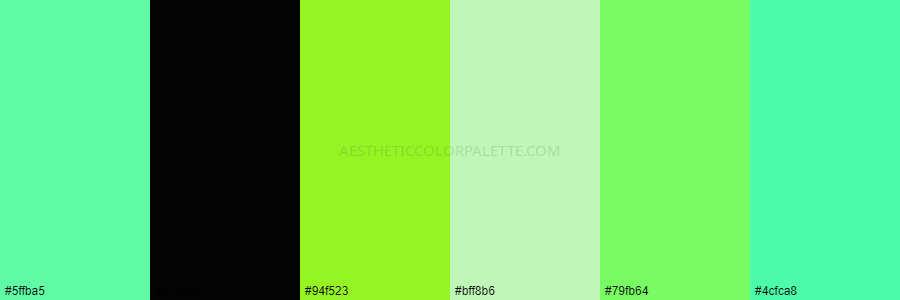 color palette #5ffba5 #040404 #94f523 #bff8b6 #79fb64 #4cfca8