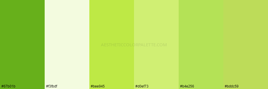 color palette 67b01b f3fbdf bee945 d0ef73 b4e256 bddc59