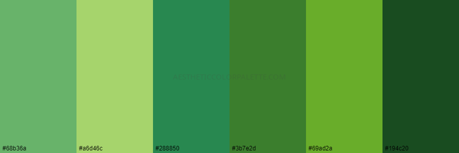 color palette #68b36a #a6d46c #288850 #3b7e2d #69ad2a #194c20