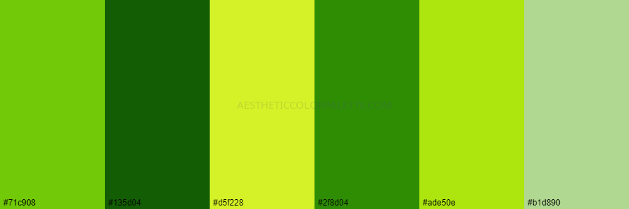 color palette 71c908 135d04 d5f228 2f8d04 ade50e b1d890