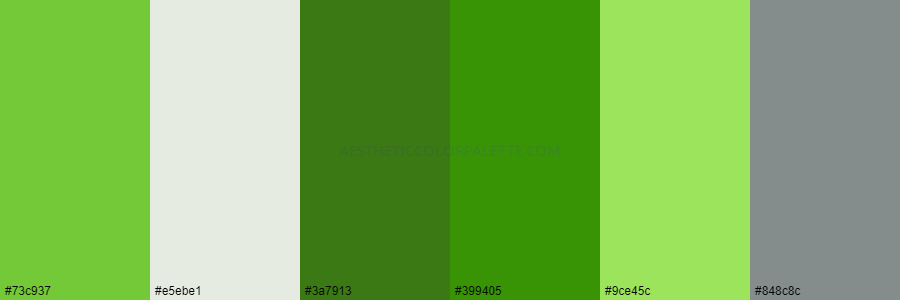 color palette #73c937 #e5ebe1 #3a7913 #399405 #9ce45c #848c8c