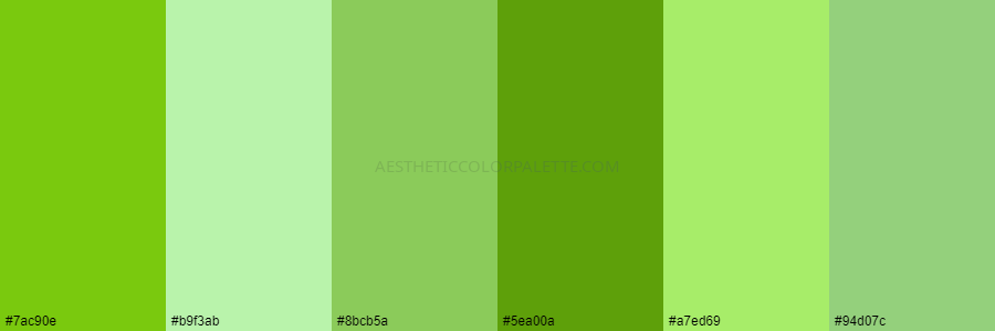 color palette #7ac90e #b9f3ab #8bcb5a #5ea00a #a7ed69 #94d07c