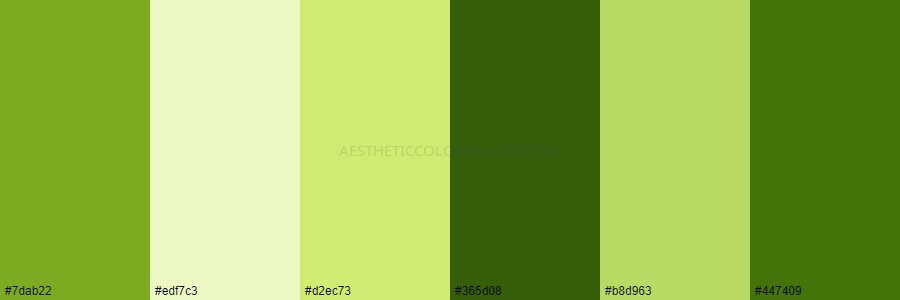 color palette 7dab22 edf7c3 d2ec73 365d08 b8d963 447409