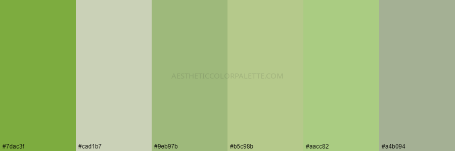 color palette 7dac3f cad1b7 9eb97b b5c98b aacc82 a4b094