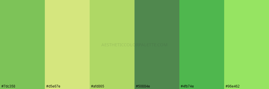 color palette 7dc358 d5e67e afd865 50884e 4fb74e 96e462