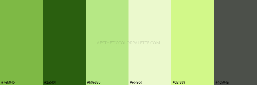 color palette 7eb945 2a5f0f b6e885 ebf9cd d2f889 4c504a