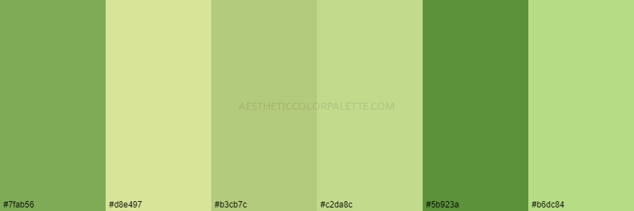 color palette #7fab56 #d8e497 #b3cb7c #c2da8c #5b923a #b6dc84