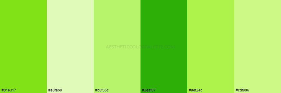 color palette #81e317 #e0fab9 #b8f36c #2eaf07 #aef24c #cdf986