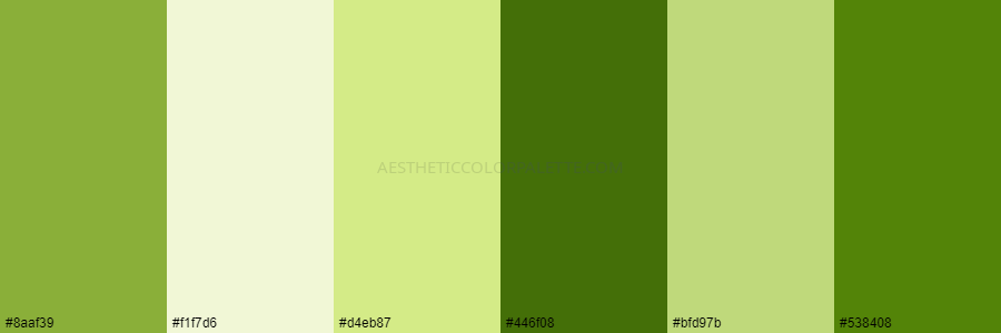 color palette 8aaf39 f1f7d6 d4eb87 446f08 bfd97b 538408