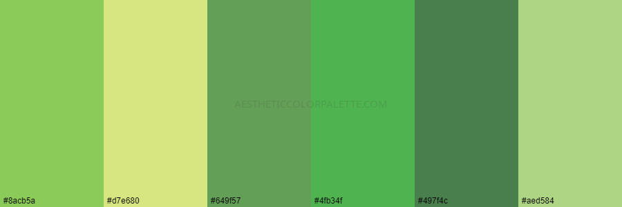 color palette 8acb5a d7e680 649f57 4fb34f 497f4c aed584