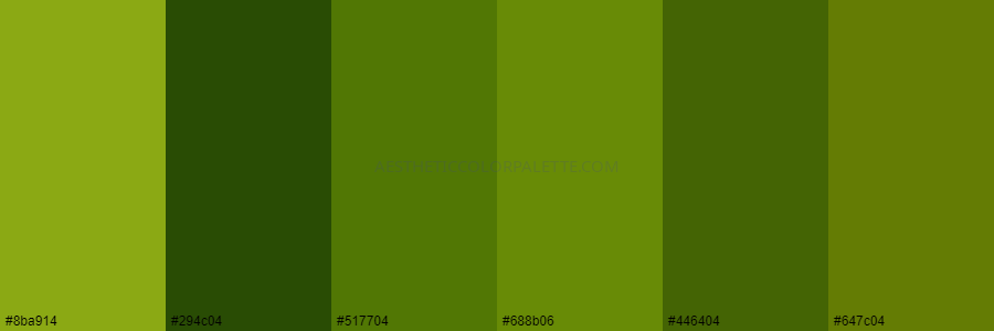 color palette #8ba914 #294c04 #517704 #688b06 #446404 #647c04
